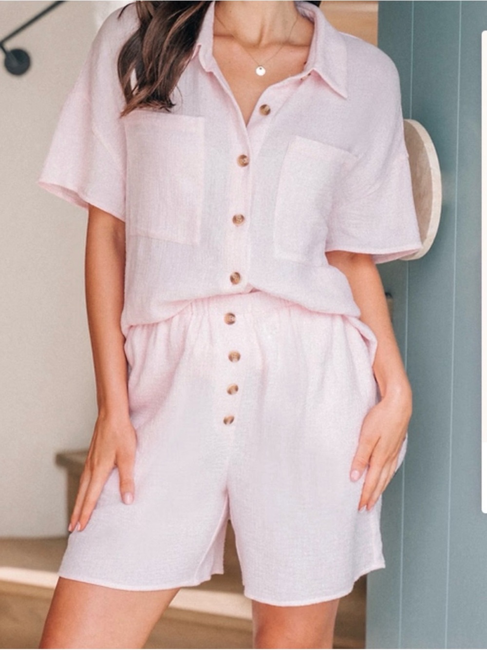 Cupshe Soft Pink High Waist Lounge Shorts Set - Picture 4 of 11